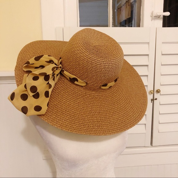 Accessories - Tan & Brown Polka Dot Scarf Wide Brim Paper Hat